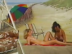 Dua lesbian bermain di pantai latar belakang